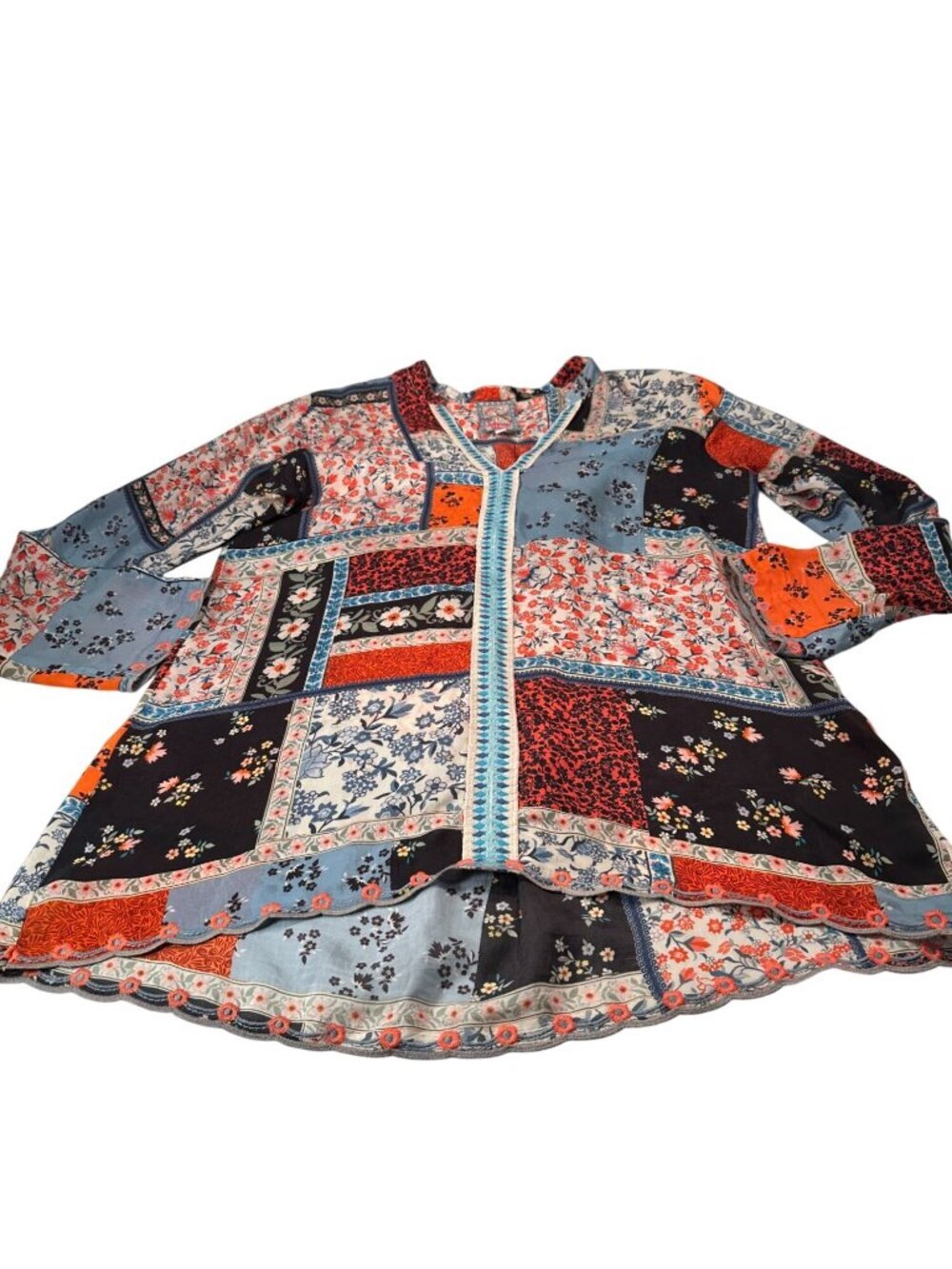 Johnny Was Eulia Patchwork Floral Embroidered Tunic Women Boho Top Scalloped Hem